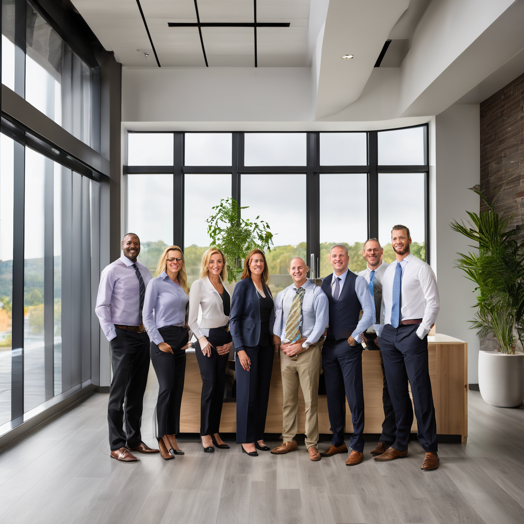 Local window installation companies business professionals office team portrait with friendly expressions